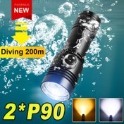 Resim Profesyonel XHP90 Dalış Feneri, Taşınabilir Sualtı Işığı ile 2 Aydınlatma Modu, Beyaz ve Sarı Işık, Alüminyum Alaşımlı Malzeme 