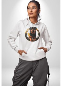 Resim Süper Tasma Rottweiler Eğitim Kadın Erkek Beyaz Kapüşonlu Sweatshirt Hoodie Beyaz 
