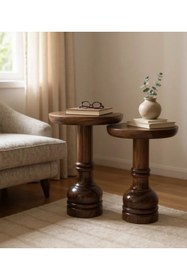 Resim ASELYA HOME Doğal Ahşap 2’li Set Mantar Yan Sehpa Modern Fiskos Zigon Çiçeklik 