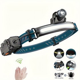 Resim 1 adet LED Sel Farı, USB Şarj Edilebilir, Geniş Işın Farı Hareket Sensörü ile, 6 Aydınlatma Modu, Kamp, İş Kaskı Farı, Balıkçılık, Dağcılık, Yürüyüş için Uygun 