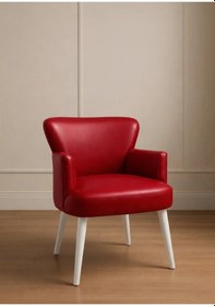 Resim Waterybrook Tekli Berjer Koltuk - Suni Deri - Beyaz Ahşap Ayaklı - Modern Retro Tasarım - Ofis Ve Salon Koltuğu Kırmızı 