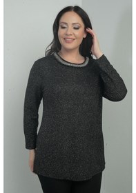 Resim By Saygı Kadın Taş Detaylı Yuvarlak Yaka Simli Likralı Büyük Beden Bluz-40874 Siyah 