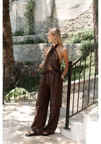 Resim Mai Collection Mai Studios Co. Prasetsah Bağlamalı Kahve Crop Pantolon Takım Kahve 