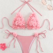 Resim Yaz plaj tatili düz renk pembe üç boyutlu çiçek seksi üçgen yan askılı asma boyun askılı iki parçalı bikini seti kadın mayo 