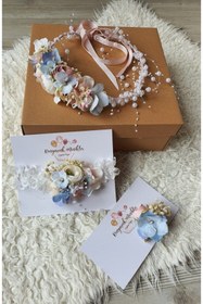 Resim çiğdem kaya design Ikiz Anne Bebek Lohusa Taç Seti Ve Baba Yaka Cicegi (3lü Lohusa Seti) 