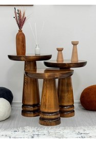 Resim ASELYA HOME Ahşap 3’lü Set Mantar Yan Sehpa Modern Açık Ceviz Fiskos Zigon Çiçeklik 