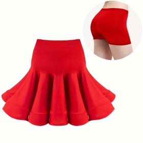 Resim 2 Adet Kızlar İçin Yüksek Bel Esnek Latin Dans Eteği ve Şort - Kırmızı Fırfır Plise Paten Mini Etek, Jimnastik Antrenmanları, Bale, Salsa, Samba, Rumba Performansları için, Tüm Mevsimlerde Kullanılabilir Esnek Kumaş, Elde Yıkama, Rahat Dans Giysisi 