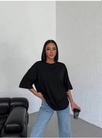 Resim Assema Kadın Düz T-shirt Kısa Kol Bisiklet Yaka Ovarsize Rahat Kalıp Günlük Tişört - Siyah Çok Renkli 