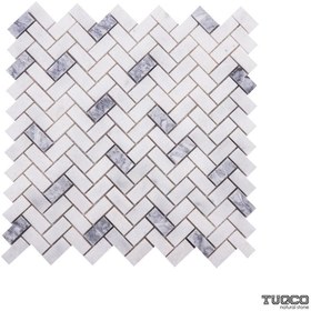 Resim TUQCO Doğaltaş Fileli Herringbone Muğla Beyazı - Gümüş Honlu Mermer Mozaik 