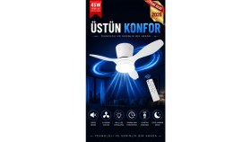 Resim Modern LED Işıklı Tavan Vantilatörü 3 Renk Işık 3 Kademe Hız Sessiz Beyaz Gövde Beyaz Kanat Avize 