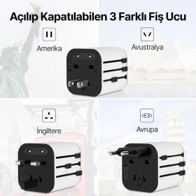 Resim Ttec 3in1 Akım ve Isı KORUMALI10A/250V Amerikan/avrupa/ingiliz Tipi Priz Çevirici Seyahat Şarj Aleti 