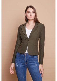 Resim Yakalı Flato Cepli Uzun Kol Pamuklu Kumaş Kısa Blazer Ofis Ceket -haki Haki 