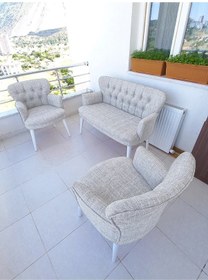 Resim Azra Mobilya Çay Seti Koltuk Takımı - Keten Kumaş - Beyaz Ahşap Ayak - Gürgen Iskelet - Krem Krem 