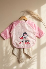 Resim BUUDE Super Girl Desenli Sıvı Geçirmez Uzun Kollu Bebek Mama Ve Aktivite Önlüğü - Pembe Puantiyeli Blw Uyu 