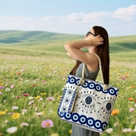 Resim Şeytan Gözü Kadınlar İçin Büyük Kapasiteli Kanvas Plaj Çantası, 2'li Set 