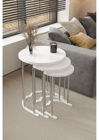 Resim 3' Lü Zigon Sehpa Gümüş Ayak Beyaz 18 Mm Mdf Gümüş 