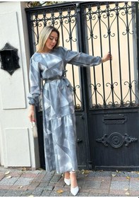 Resim Kadın Uzun Kollu Bisiklet Yaka Geometrik Desen Baskılı Kuşak Dahil Maxi Boy Elbise S 