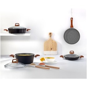 Resim Bonera Vogue 20cm Ahşap Kulp Detaylı Granit Tekli Derin Tencere Siyah 