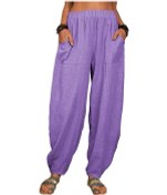Resim Kadın Harem Pantolon Yaz Rahat Retro Büyük Beden Pamuk Ve Keten Pantolon Lastikli Bel Geniş Paça Pantolon Ev Pantolonu Mor 