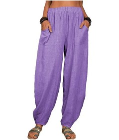 Resim Kadın Harem Pantolon Yaz Rahat Retro Büyük Beden Pamuk Ve Keten Pantolon Lastikli Bel Geniş Paça Pantolon Ev Pantolonu Mor 