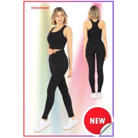 Resim Missmaral Siyah Slim Fit Yüksek Bel Toparlayıcı Spor Tayt Flatlock Dikiş Detaylı Fit Tasarım Oslo 1090 SiYAH 