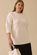 Resim Galaxi Kadın Büyük Beden Nakış Detaylı Boncuklu Sweatshirt 4005 Ekru Ekru 
