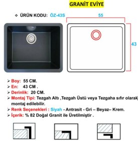 Resim Öztaş ÖZ-43s Granit Mutfak Eviye Siyah Tek Gözlü 43 x 55 CM 