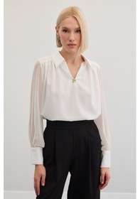 Resim Sateen Aksesuarlı Salaş Bluz - Ekru-136472 Ekru 