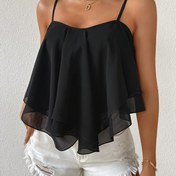 Resim Kadınlar için Şık Siyah Ruffle Kollu Cami Üst - Şık Düşük Yaka, Nefes Alabilen Polyester, Yazlık Kıyafetler, Rahat Giyim Cami | Ruffle Detaylı Üst | Şık Spagetti Askısı 