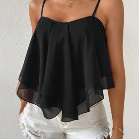 Resim Kadınlar için Şık Siyah Ruffle Kollu Cami Üst - Şık Düşük Yaka, Nefes Alabilen Polyester, Yazlık Kıyafetler, Rahat Giyim Cami | Ruffle Detaylı Üst | Şık Spagetti Askısı 