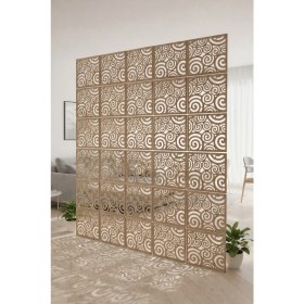 Resim Lazerus Cnc Markalama Spiral Desenli Modüler Paravan Oda Bölücü Panel Seti (Ahşap Görünümlü) 4 Adet 