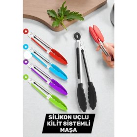 Resim Manosta Silikon Uçlu Kilitli Mutfak Maşası - Isıya Dayanıklı, Paslanmaz Çelik Saplı - Kizartma Maşası 