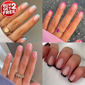 Resim 4 Paket (96 Adet) Parlak Kısa Kare Basın Tırnakları - Fransız Ucu Sahte Tırnaklar - Minimalist Tarzı Kadın Kızlar için Yanıltıcı Tırnaklar 