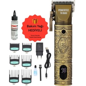 Resim Powertec TR-8500 Kablosuz Saç ve Sakal Tıraş Makinesi – Altın, Hızlı Şarjlı, Dijital Göstergeli Profesyonel Model 
