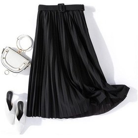 Resim Kore Moda Yüksek Bel Kadın Pileli Etek Kemer İle İlkbahar Yaz Zarif Ofis Kadın Etek Siyah 