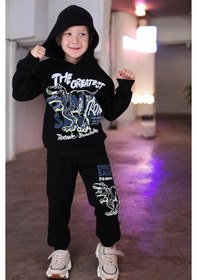 Resim Lolliboomkids 3 İp Şardonlu Kapüşonlu Dinozor Desen Sweatshirt Eşofman Alt Üst Takım Siyah Renk Siyah 