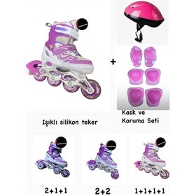Resim Işıklı Çocuk Pateni Ayarlanılabilir Silikon Tekerli Frenli Metal Gövdeli Paten Ve Kask Dizlik Set Mor 