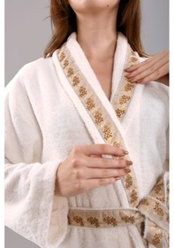 Resim Luna İşlemeli Bornoz Nakışlı Bornoz Hediyelik Bornoz. Krem 