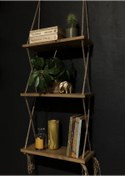 Resim O&A WOOD Halatlı Doğal Ahşap Dekoratif Duvar Rafı, 3 Katlı Ahşap Çiçeklik, Retro Hasır Ipli Ahşap 