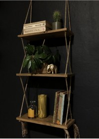 Resim O&A WOOD Halatlı Doğal Ahşap Dekoratif Duvar Rafı, 3 Katlı Ahşap Çiçeklik, Retro Hasır Ipli Ahşap 