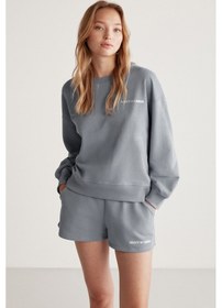 Resim Grimelange Jennıfer Kadın Organik Pamuklu Nakışlı Yuvarlak Yakalı Oversize Gri Sweatshirt 
