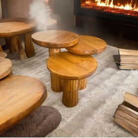 Resim Simillo Home&Living Wood Wooden Ahşap 3’lü Set Fitilli Mantar Yan Sehpa Modern Tik Ağacı Renk Fiskos 