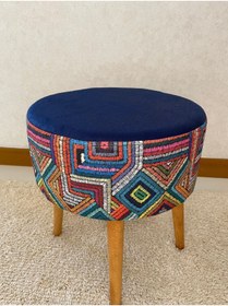 Resim BHM Etnik Desenli Ahşap Ayaklı Dekoratif Lacivert Puf Bench 