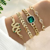 Resim 4 adet Vintage Taşlı Yılan Zinciri Bilezik Seti - Zarif Yeşil Yaprak Detayları, Alaşım ve Altın, Günlük Kullanım veya Hediye İçin Mükemmel, Hediye Bilezikleri|Vintage Charm Bilezikleri|Alaşım Yapı 