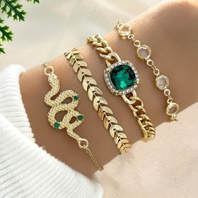 Resim 4 adet Vintage Taşlı Yılan Zinciri Bilezik Seti - Zarif Yeşil Yaprak Detayları, Alaşım ve Altın, Günlük Kullanım veya Hediye İçin Mükemmel, Hediye Bilezikleri|Vintage Charm Bilezikleri|Alaşım Yapı 