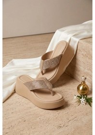 Resim Fox Shoes Y973525409 Bej Taş Detaylı Parmak Arası Kalın Tabanlı Kadın Terlik 