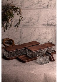 Resim Snippy Milla Kare 10 Parça Ahşap Vakumlu Kapaklı Cam Kahvaltılık Ahşap - Şeffaf 