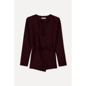 Resim Mudo Kadın Bordo Loose Fit Bağlamalı V Yaka Uzun Kollu Bluz 
