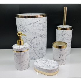 Resim Akrilik Gold Siyah Mermer Desen Yuvarlak Banyo Seti Beyaz 