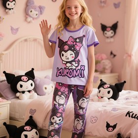 Resim Sevimli for kuromi Kızların Pijama Takımı - Yangadan Korunan, Karikatür Baskılı Üst ve Pantolon, Yuvarlak Yaka, Normal Beden, Gençler için Yaz Uyku Giysileri, Uyku Giysileri Pijama|Oyun Sever Tasarım|Yangadan Korunan Kumaş 